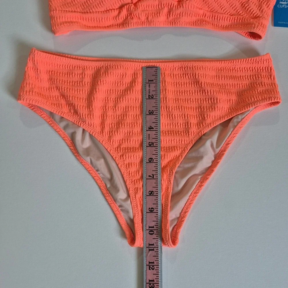Cupshe Womens Neon Orange Smocked High Waisted Bikini‎ Set Size L New With Tags